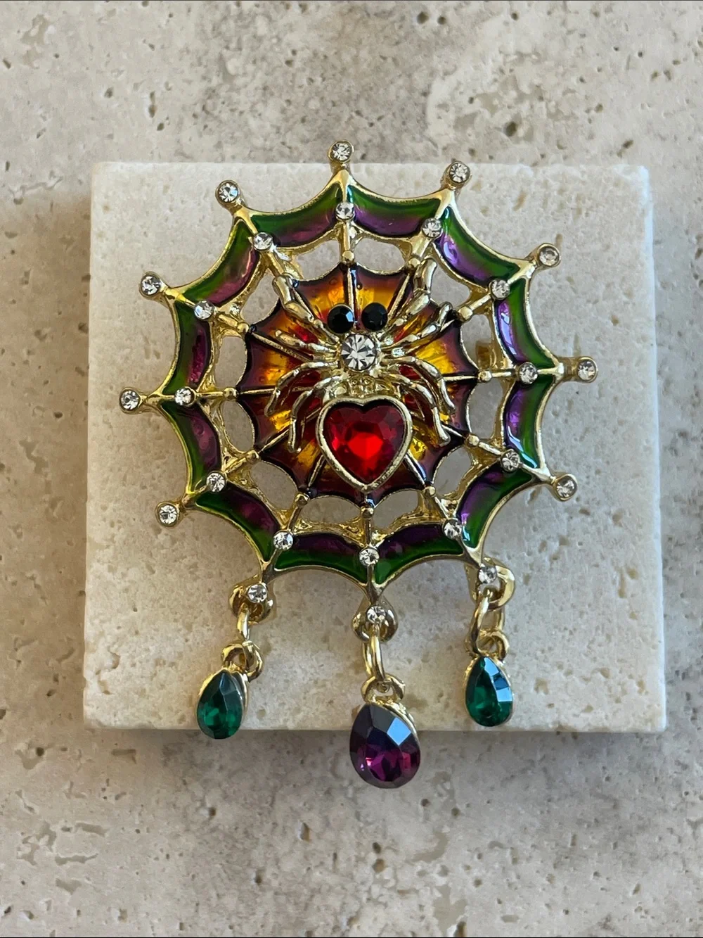 Gold-Tone Multicolor Spider Web Brooch with Red Heart Crystal